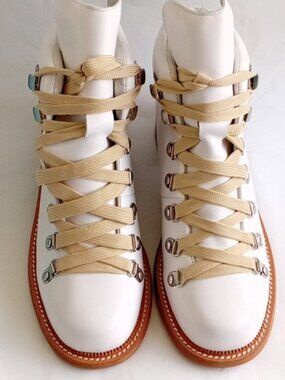 Jeffrey Campbell White Leather Hiking Women's Ankle Boots with Tan Laces 8.5 M
